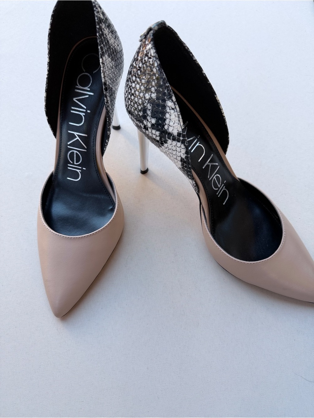 Chrome Heels Calvin Klein Sebrina Pumps Nude Leather Snake Print Stilettos - Picture 2 of 10